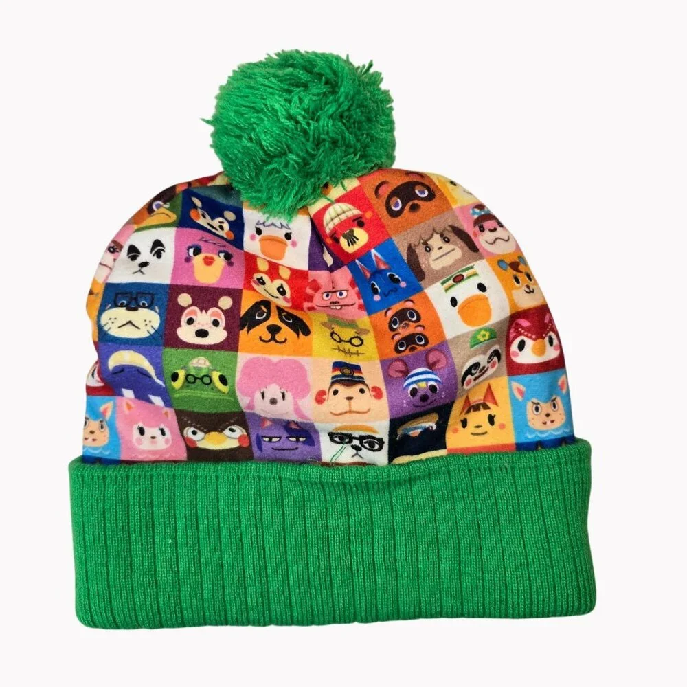 Animal Crossing Green Knit Pom Beanie With Character Print One Size Fits Most - Picture 2 of 6